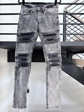 H&M Men’s New Grey Acid-Wash Skinny Jeans with Black Distressed Panels size 30